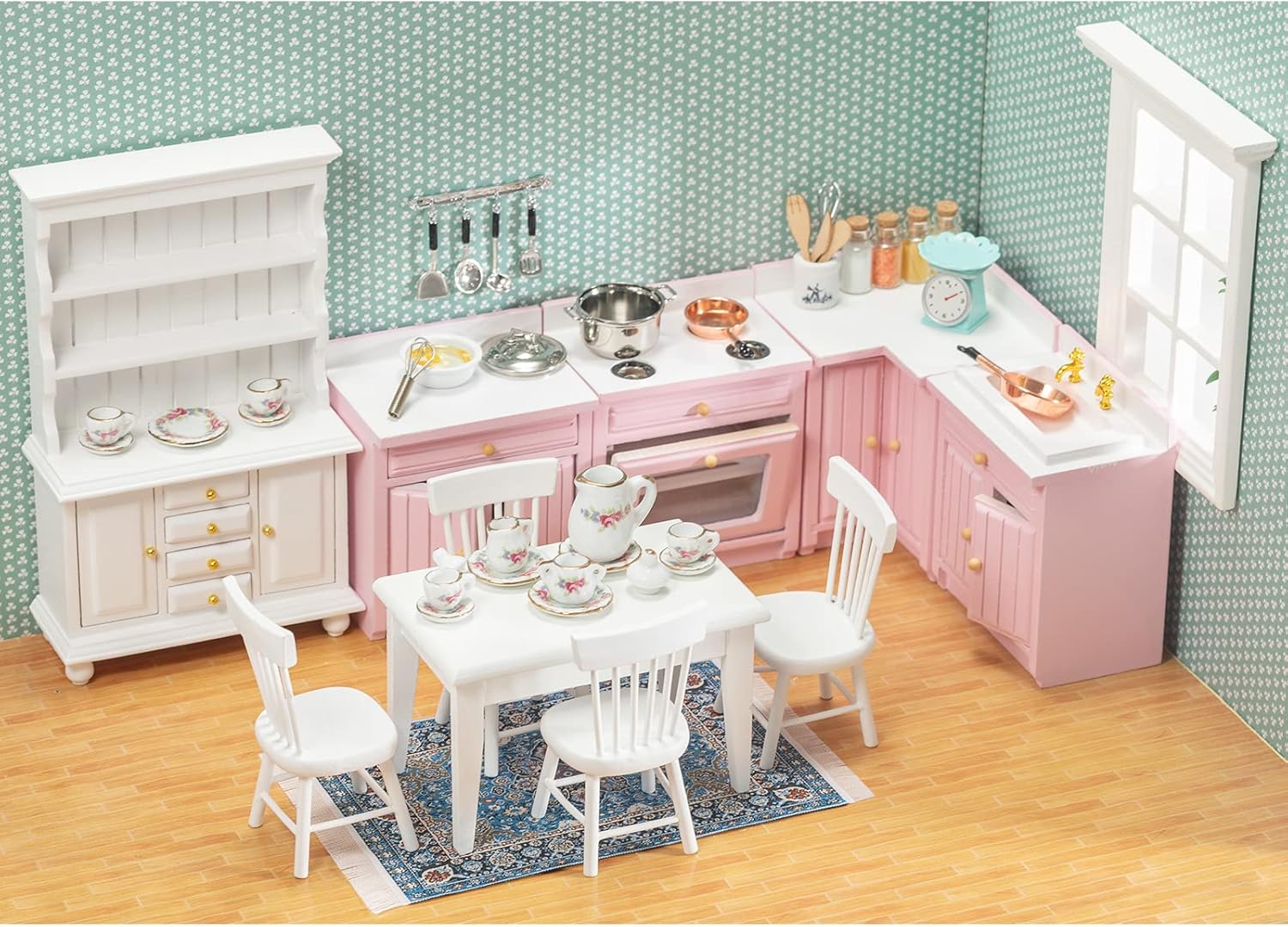 SAMCAMI 1:12 Dollhouse Furniture - Exquisite Kitchen Room Set (17 Pieces) - Dining Table with Chairs, Tea Set, Carpet - Dining Room Furniture Model (White)