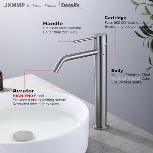 Brushed Gold Vessel Sink Faucet with Pop Up Drain and Supply Lines, Stainless Steel Gold Vanity Faucet Single Hole, JXMMP Single Handle Bathroom Faucet Gold, JXM1001BG