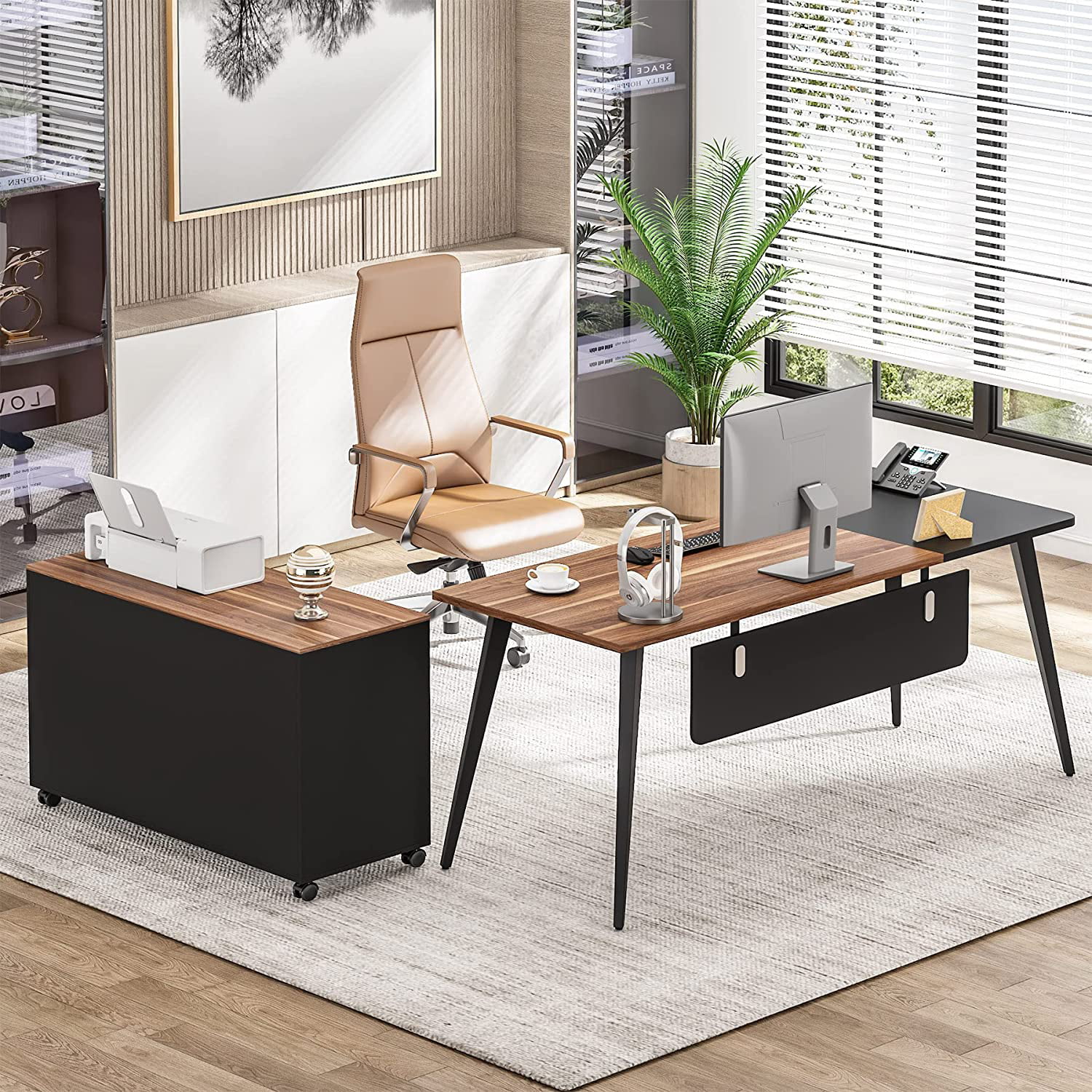 Tribesigns Executive Desk L Shape Office Desk with Drawer File Cabinet, 70 inch L Shaped Computer Desk with Storage Large Office Desk Set, Office Table with Filing Cabinet, Home Office Furniture Set