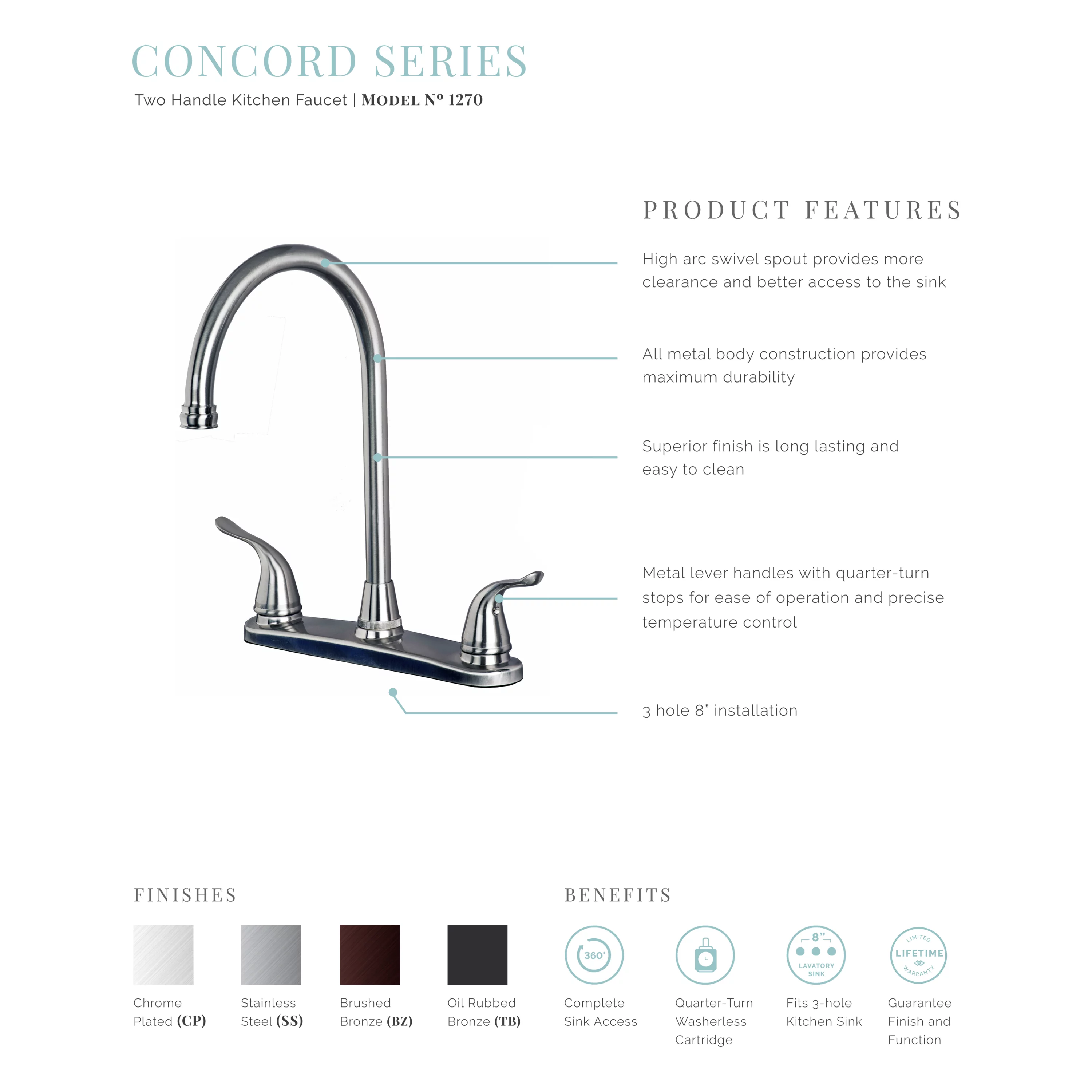 Laguna Brass 1270CP Two Handle High Arc Kitchen Faucet for Three Hole Kitchen Sink Chrome Finish