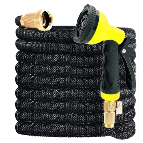 J&B XpandaHose 100ft Expandable Garden Hose with Holder - Heavy Duty Superior Strength 3750D - 4 -Layer Latex Core - Extra Strong Brass Connectors and 10 Spray Nozzle w/Storage Bag (Blue 100)