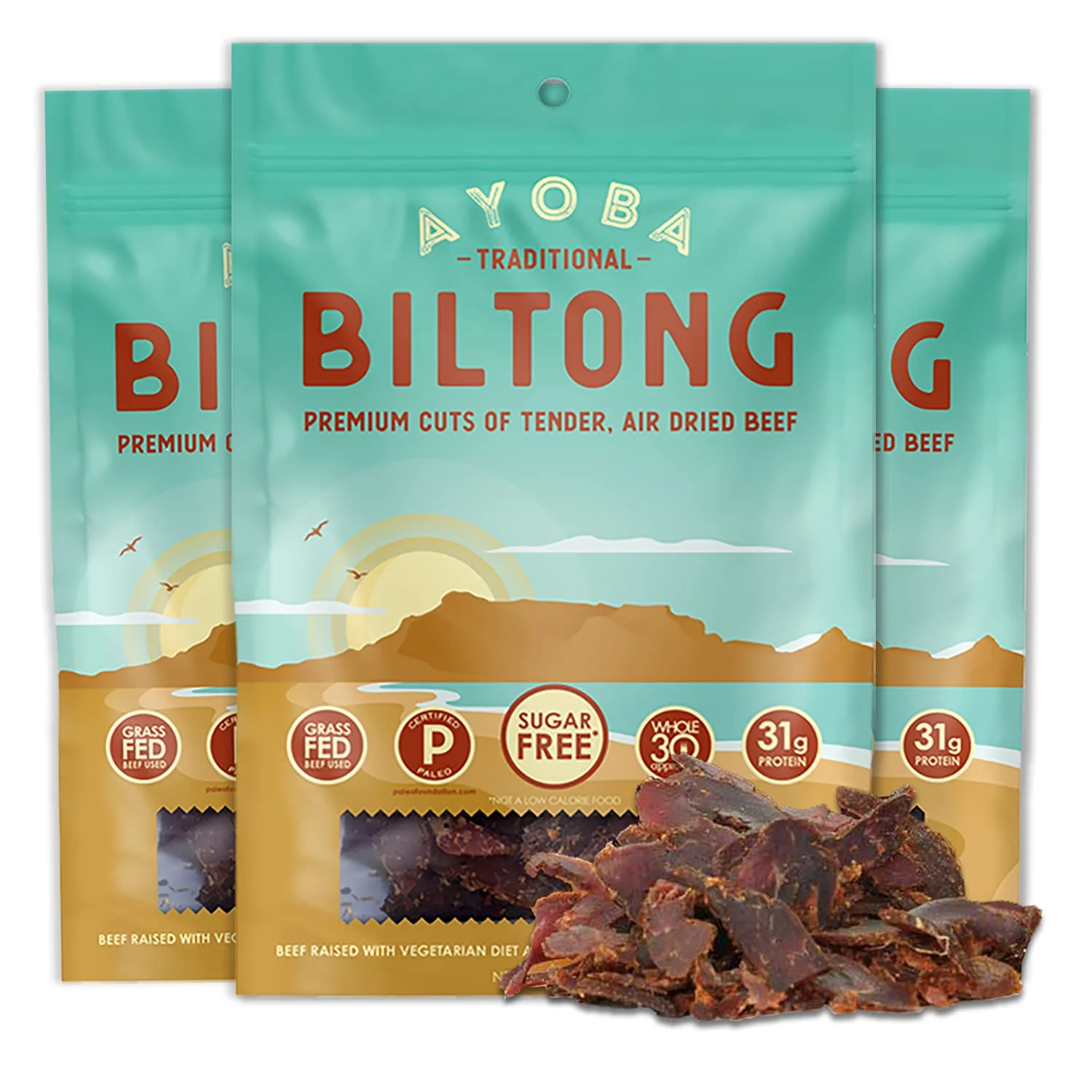 Ayoba Traditional Grass Fed Beef Biltong Slices (2 Ounce, Pack of 3) Keto Friendly Air-Dried Grass Fed Beef Paleo Snacks - Gluten Free, Whole 30 Approved, No Sugar, No Carb Meat Snacks