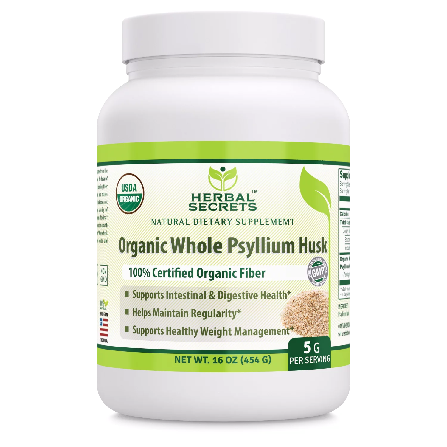 Herbal Secrets USDA Certified Organic Psyllium Husk 16 Oz