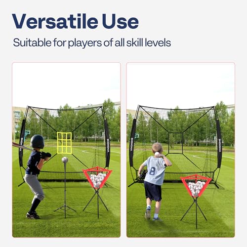 VIVOHOME Baseball Softball Hitting Net with Large Ball Collection System, 7 x 7 ft Baseball Batting Pitching Net with Tee, 2 Strike Zone, Carry Bag