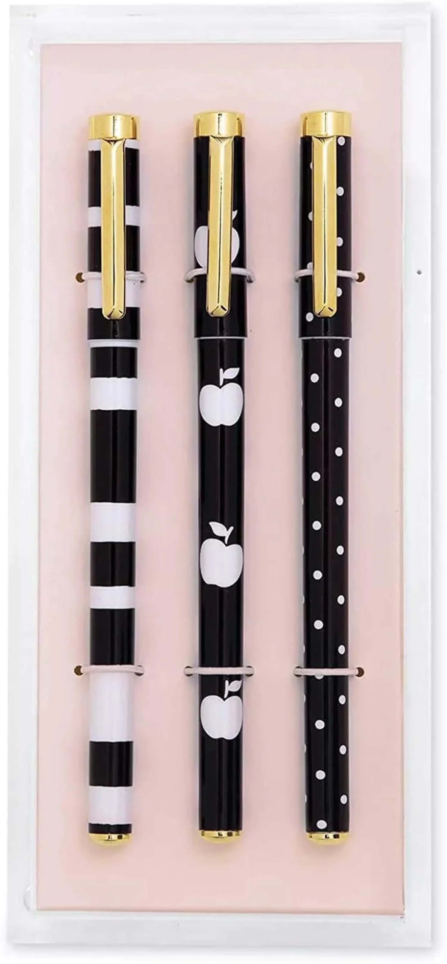 Kate Spade New York Fine Tip Pen Set of 3, Black Ink Pens with Acrylic Desk Organizer Tray, Dots and Stripes