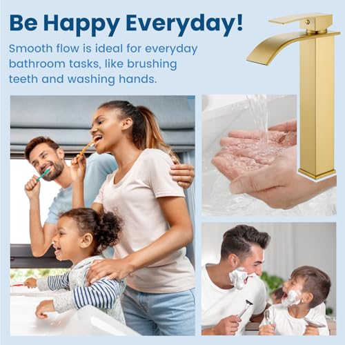 Airuida Brushed Gold Tall Waterfall Bathroom Vessel Sink Faucet Modern Bathroom Vanity Faucet Single Handle Single Hole Farmhouse Bar Mixer Tap Washbasin Faucet Deck Mount