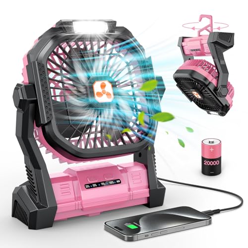 ONLYNEW Portable Fan Rechargeable, 20000mAh Cordless Battery Powered Table Fan with LED Lantern, USB C Battery Operated for Travel Home Camping Tent Office Beach Desk Fishing Pink
