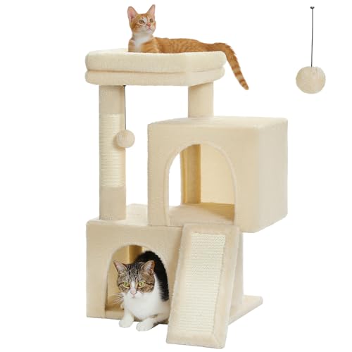 PAWZ Road Cat Tree, 30 Inches Cat Tower with Dual Condos for Indoor Cats, Plush Cat House with Padded Perch, Scratching Ramp and Posts and Replaceable Balls-Gray