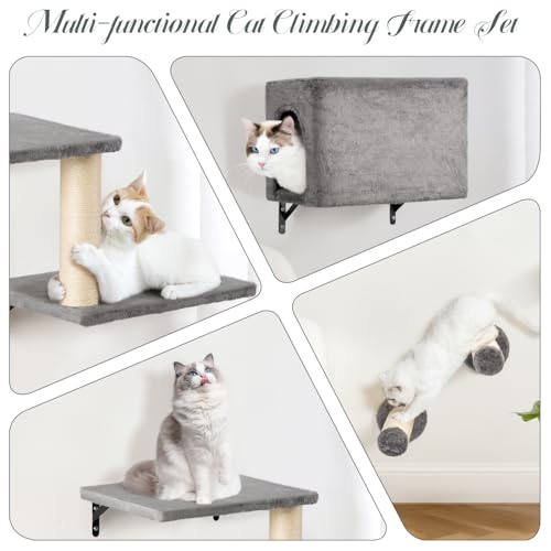 NUNU LAB 5-in-1 Wall-Mounted Cat Climber Set, Cats Wall Shelve, Wall-Mounted Cat Climbing Shelves, with House, Bridge, Steps, Scratcher, Hammock, Shelves (A-KM060)