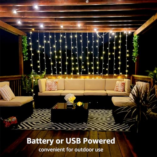 LE Fairy Curtain Lights Battery Operated & USB Plug in, Remote 10 x 10 ft Hanging String Lights for Bedroom Wall, 300 LED Indoor Outdoor Twinkle Lights for Wedding Party Backdrop Tent, Patio, Gazebo