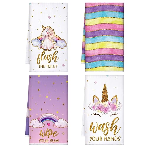 Bencailor 4 Pcs Hand Towels for Girls Absorbent 24 x 16 Inches Tea Towels Mermaid Unicorn Gnome Butterfly Dish Towels for Kitchen Gifts Bathroom Spa Gym Sport Housewarming (Blue Green, Mermaid, Gnome)