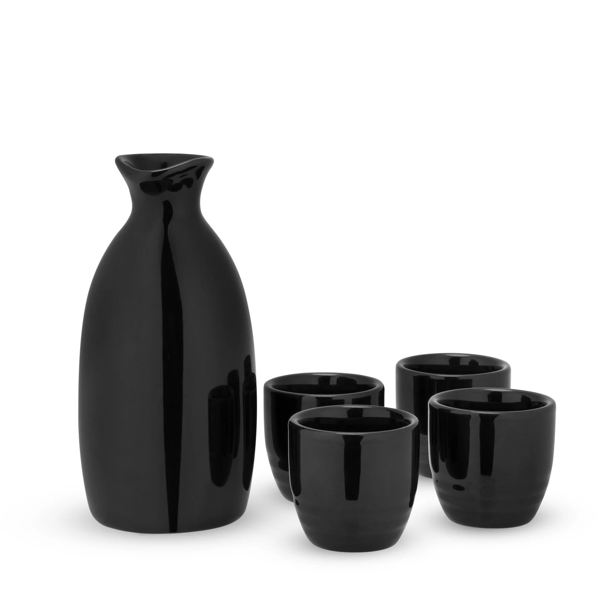 True Moga Traditional Japanese Sake Stoneware - Cups Set & Bottle Carafe, Black