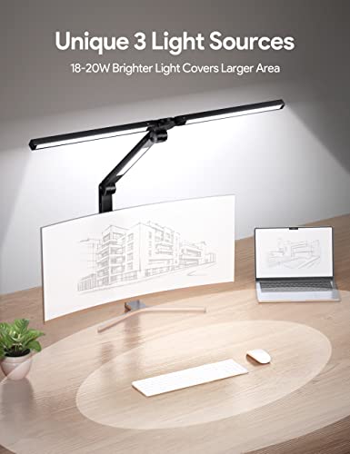 MediAcous LED Desk Lamp with Clamp, 20W Three Lights Desk Light for Home Office, Flexible Swing Arm, Control Box, 4 Color Modes, 4 Brightness, Memory Function, Eye-Caring Clip-on Lamp for Workbench