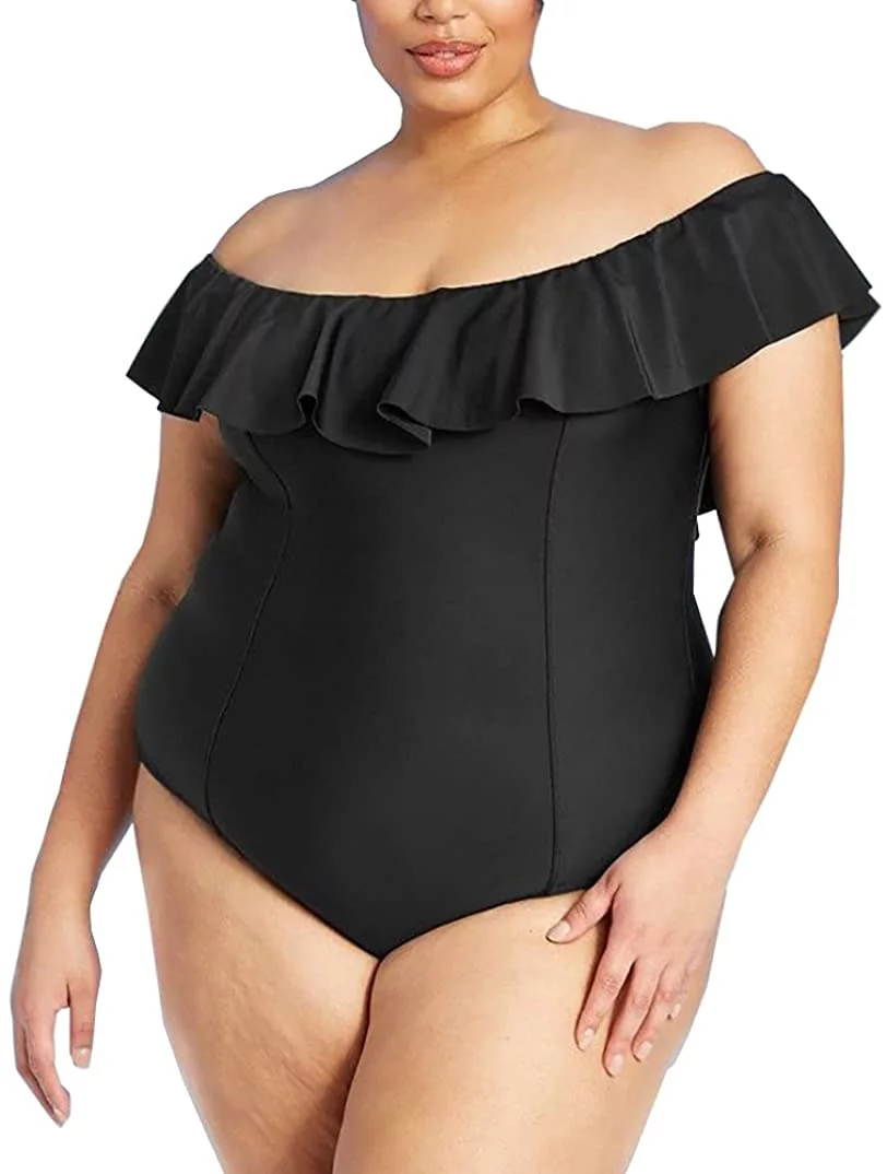 Kona Sol Women's Plus Size Off The Shoulder Ruffled One Piece Swimsuit