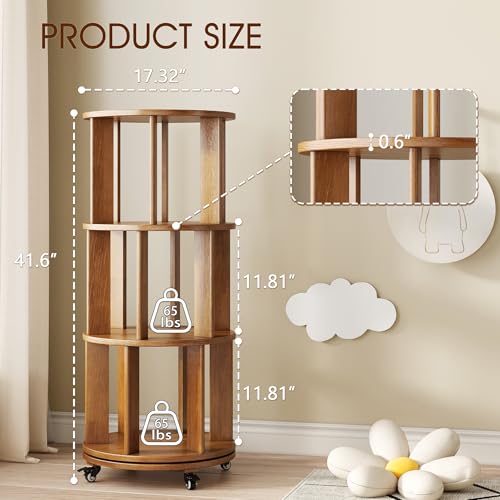 6 Tier Rotating Bookshelf Tower Spinning Bookshelf with Swivel Wheels Book Shelf Rotating Storage Tower for Kids Adult Narrow Walnut Solid Wood Revolving Bookcase Organizer for Bedroom Living Room