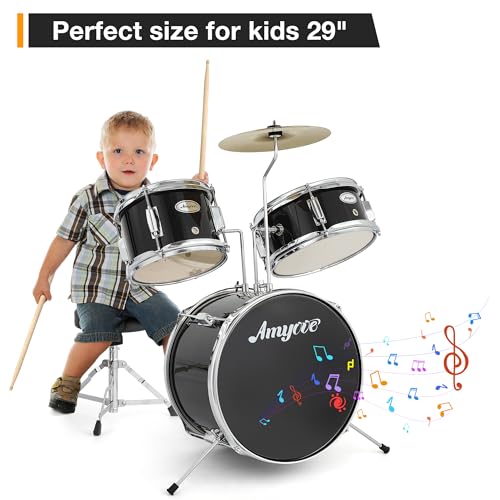 Drum Set, 3 Piece Junior Drum Set with with Cymbal, Tom, Bass Drum, Drumsticks, Bass Pedal and Drum Stool, Beginner Musical Instruments,Black