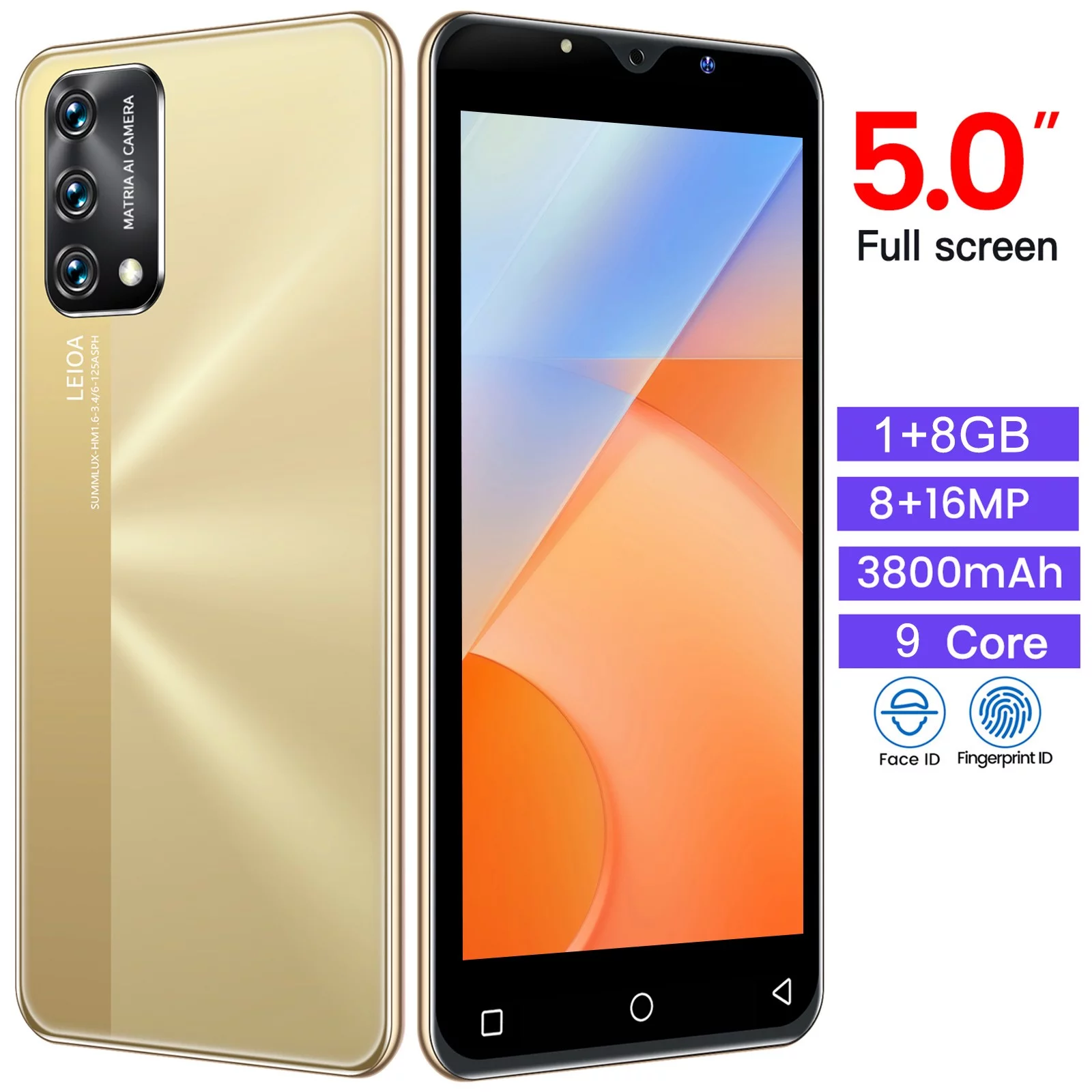 WANYNG Android6 1GB+8GB Unlocked Cell Phone Dual Sim 5in 3800mAh Unlocked Phone Face ID + Fingerprint GSM 3G Smartphones