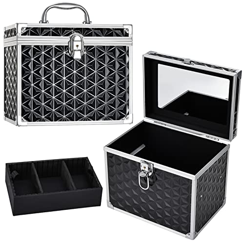 Costravio Makeup Train Case Travel Organizer Case Professional Cosmetic Storage Box with Divider Tray Mirror Portable Cosmetology Sewing Box for Makeup Artist Nail Tech Kits Crafters Train Case Black
