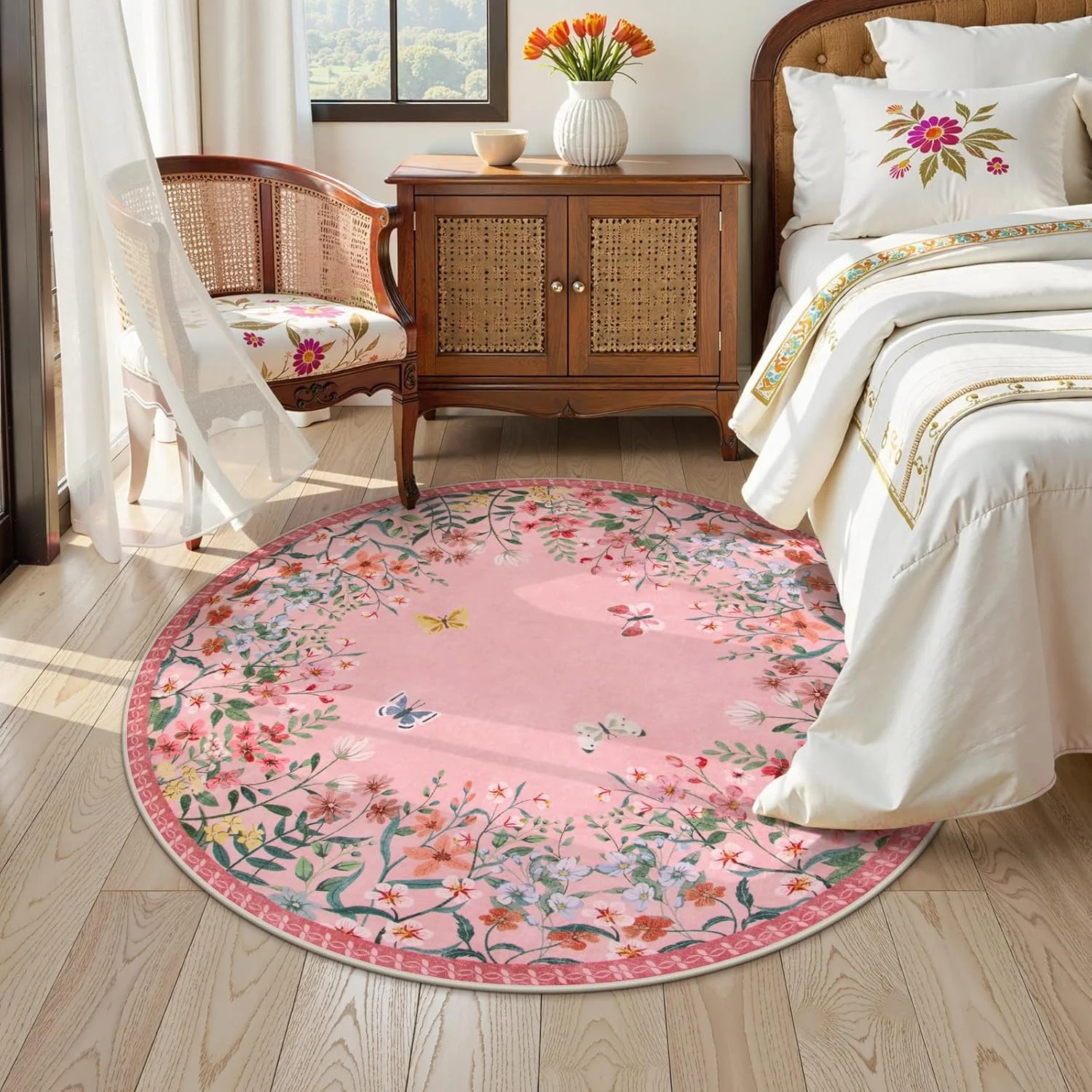 Washable 5ft Round Area Rug, Pink Floral Living Room Rugs for Bedroom Girls, Low Pile Soft Botanical Throw Carpet for Kids Nursery Room (Pink,5ft-Round)