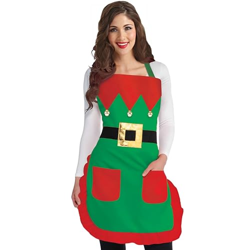 Red & Green Elf Apron for Teens & Adults - Standard Size (1 Pc.) - Premium Quality Fabric Apron, Ideal for Christmas Day, Holidays & Costume Parties