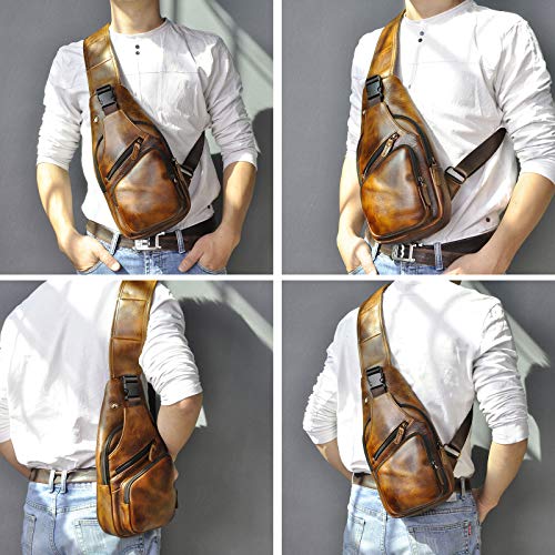 Le'aokuu Men Fashion Casual Tea Designer Travel Hiking Crossbody Chest Sling Bag Rig One Shoulder Strap Bag Men Leather 8015