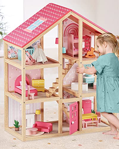 Tiny Land Wooden Dollhouse for Girls - 6 Rooms Wooden Doll House, DIY Pretend Doll House with 31Pcs Furniture Accessories, Creative Gift for Girl Ages 3+, Green