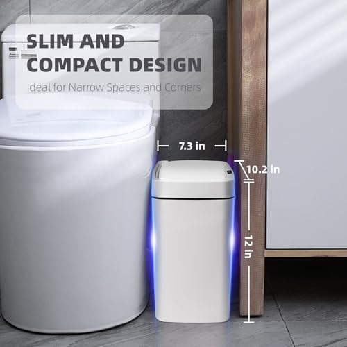 Bathroom Trash Can with Lid 2 Pack 3.9 Gallon Touchless Automatic Garbage Can Slim Motion Sensor Waterproof Plastic Trash Bins for Bedroom, Bathroom, Kitchen, Office, Ivory White 10.2
