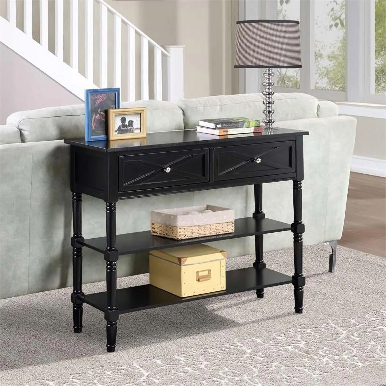 Pemberly Row Farmhouse 2 Drawer Console Table in Black Wood Finish