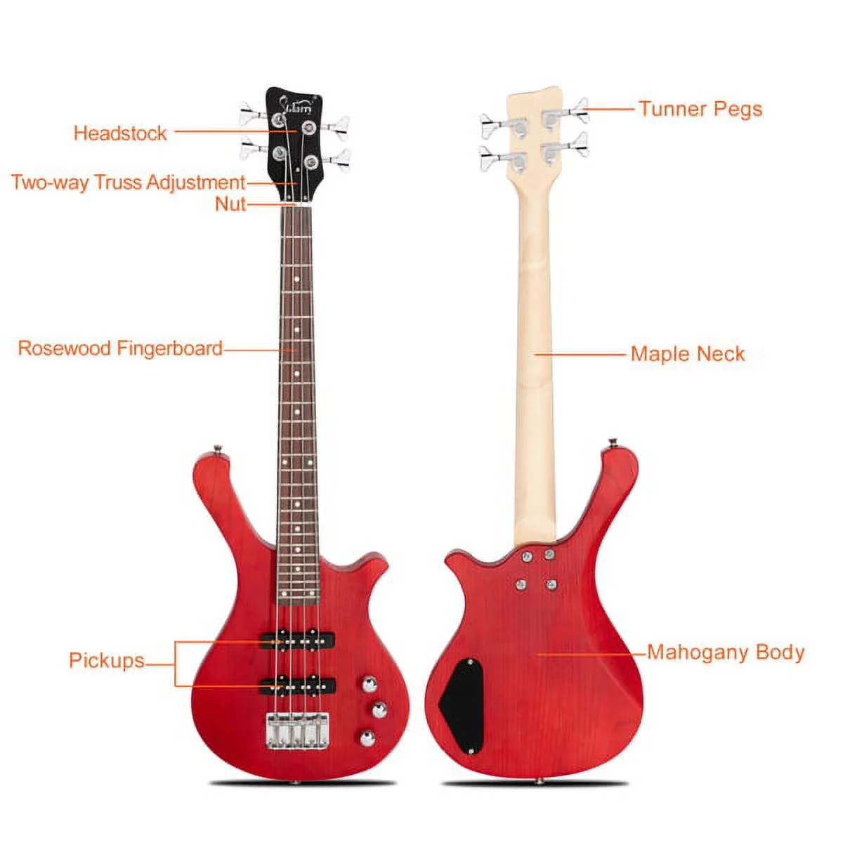 Fithood 【Do Not Sell on Amazonf】Glarry GW101 36in Small Scale Electric Bass Guitar Suit For Kids And Adult With Mahogany Body Ss Pickups, Guitar Bag, Strap, Cable Red