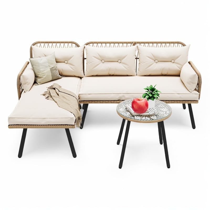 YITAHOME Patio Furniture Set Outdoor Loveseat, Wicker Conversation Set with Thick Cushions & Detachable Lounger, Rattan Sectional Set with Side Table for Backyard, Porch, Deck, Patio, Beige