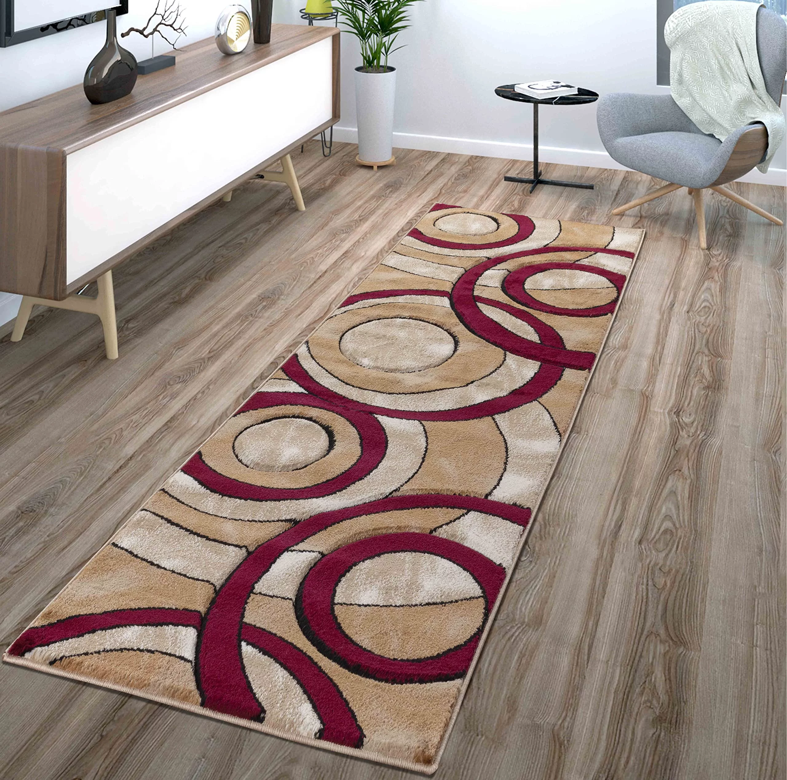 GLORY RUGS Area Rug Modern 2x7 Dark Red Circles Geometry Soft Hand Carved Contemporary Floor Carpet Fluffy Texture for Indoor Living Dining Room and Bedroom Area