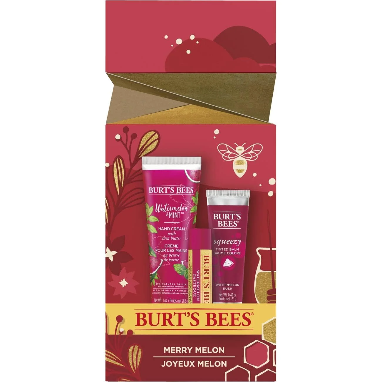 Burt,S Bees Christmas Gifts, 3 Stocking Stuffers Products, Merry Melon Set - Watermelon Moisturizing Lip Balm, Watermelon Rush Squeezy Tinted Lip Stain+ Balm Duo & Watermelon Mint Hand Cream (3-Pack)