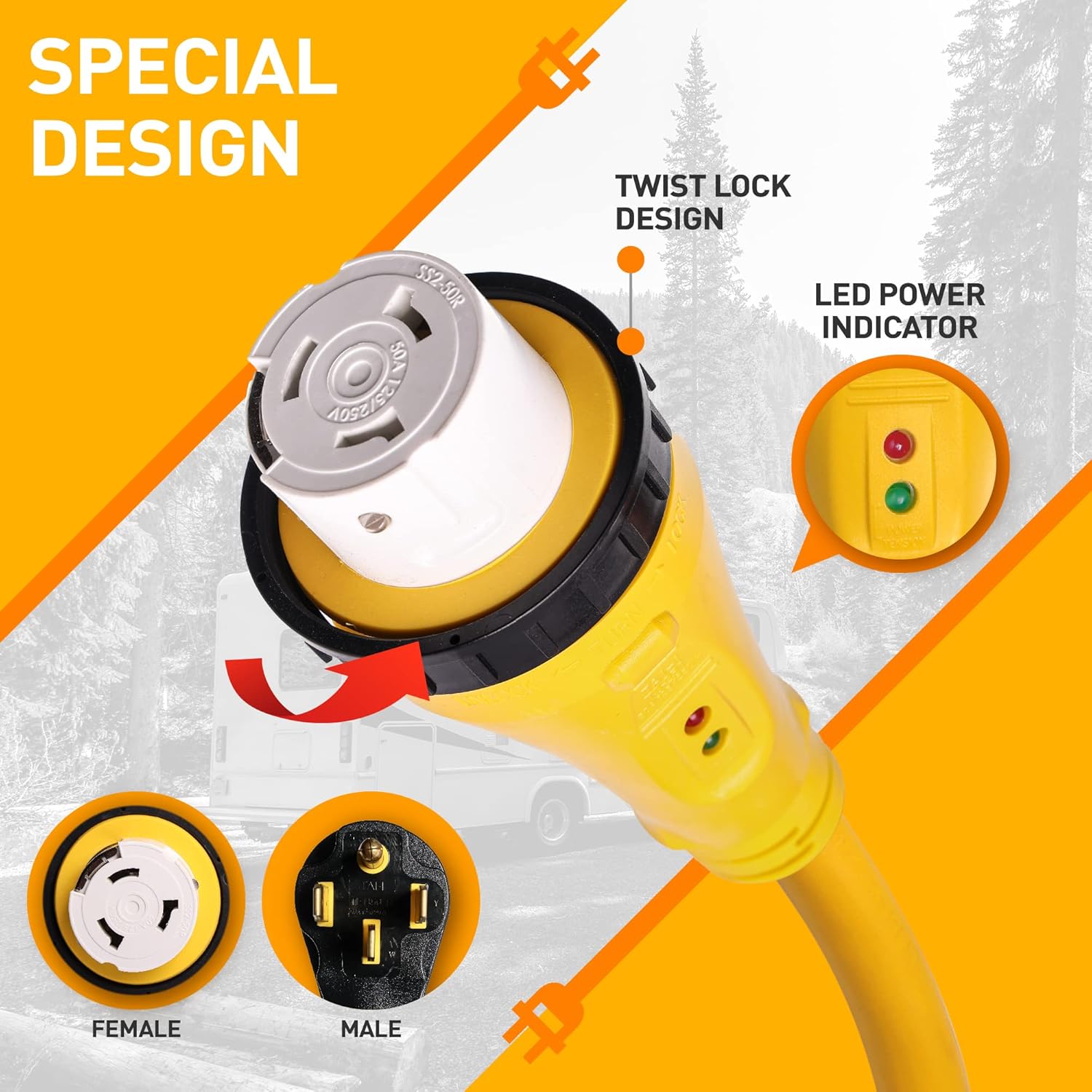 Marvine 50 Amp RV Power Cord Adapter 1.5FT - NEMA 14-50P Male to SS2-50R Female with Locking Collar - Heavy Duty 6/3+8/1 STW Cable with LED Power Indicator