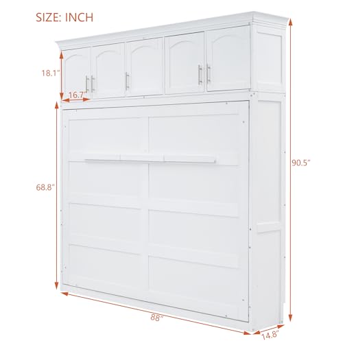 Queen Murphy Bed with Cabinets, Queen Size Murphy Bed Cabinet Bed, Solid Wood Wall Bed, Hidden Murphy Beds Foldable Platform Bed Frame, Horizontal Murphy Bed for Guest Room or Home Office, White