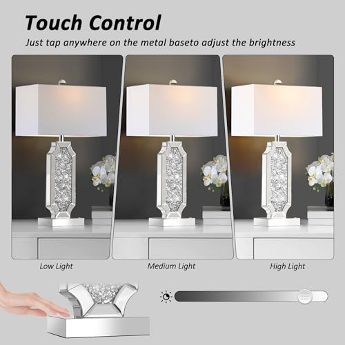 3-Way Dimmable Touch Diamond Crushed Mirrored Bedside Table Lamps Set of 2 for Living Room with USB A+C Ports,Tall Silver Modern Bling Nightstands Lamps for Bedroom with 2 Bulbs