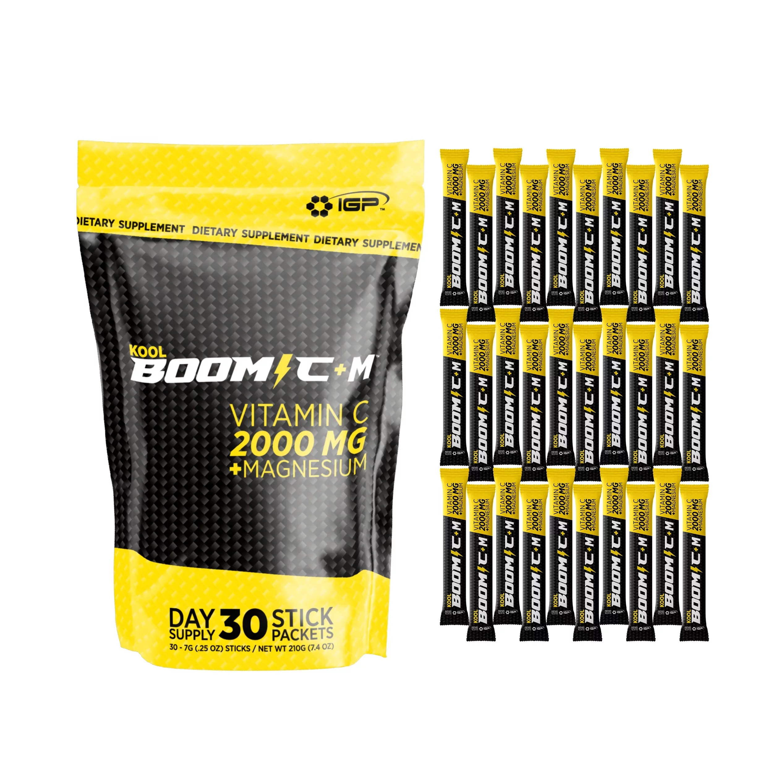 Kool Boom C + M - Vitamina C 2,000 Mg Más Magnesio - 30 Stick Packets (.25 Oz - 7g)