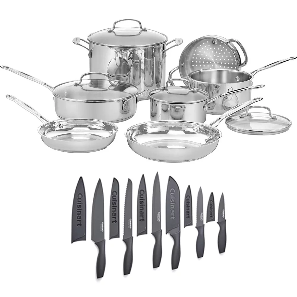 Cuisinart 77-11G Chef's Classic Stainless 11-Piece Cookware Set Bundle with Cuisinart 12 Piece Ceramic Coated Cutlery Set Matte Black