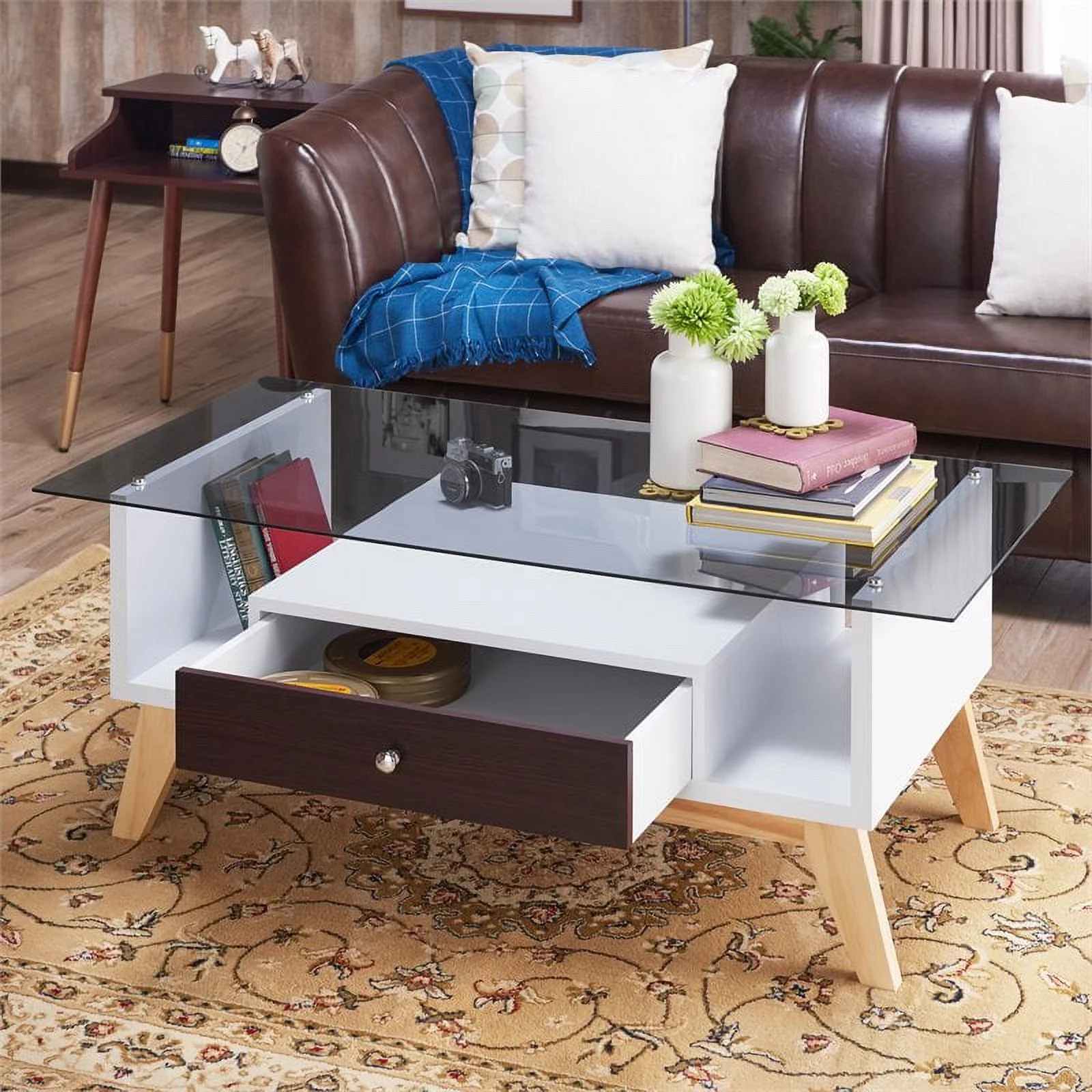 Furniture of America Lana Mid-Century Glass Top Coffee Table in Espresso