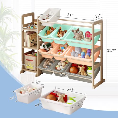 Toy Storage Organizer - Toy Organizers and Storage with Bookshelf, Toy Storage Shelf with 3 Shelves and 12 Storage Bins, Kids Bookshelf and Toy Storage for Kids Room, Playroom, Multi Color