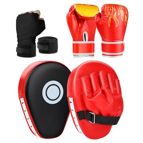 3-in-1 Boxing Gloves and Punching Mitts Set for Kids Youth, Kids Boxing Gloves Curved Punching Pads with Hand Wraps, Focus Mitts Boxing Equipment Set for Boxing Training MMA Karate Muay Thai Taekwondo