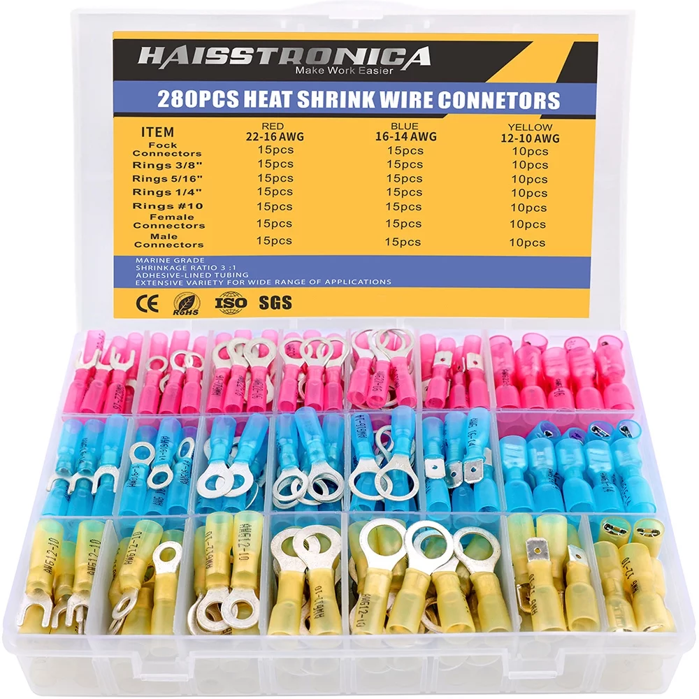 haisstronica 280PCS Heat Shrink Wire Connectors-Electrical Connectors Kit,Ring Fork Spade Butt Splice(3Colors/7Size)