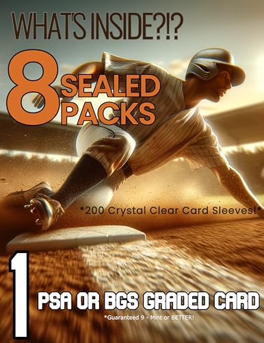Epic Baseball Gift Box & Collection Starter Set1 Graded Card + 8 Sealed Packs of Modern Licensed CardsPSA/BGS Graded Card 10, 9.5 or 9 & 200 SleevesPossible AutographsSlabs of Heat