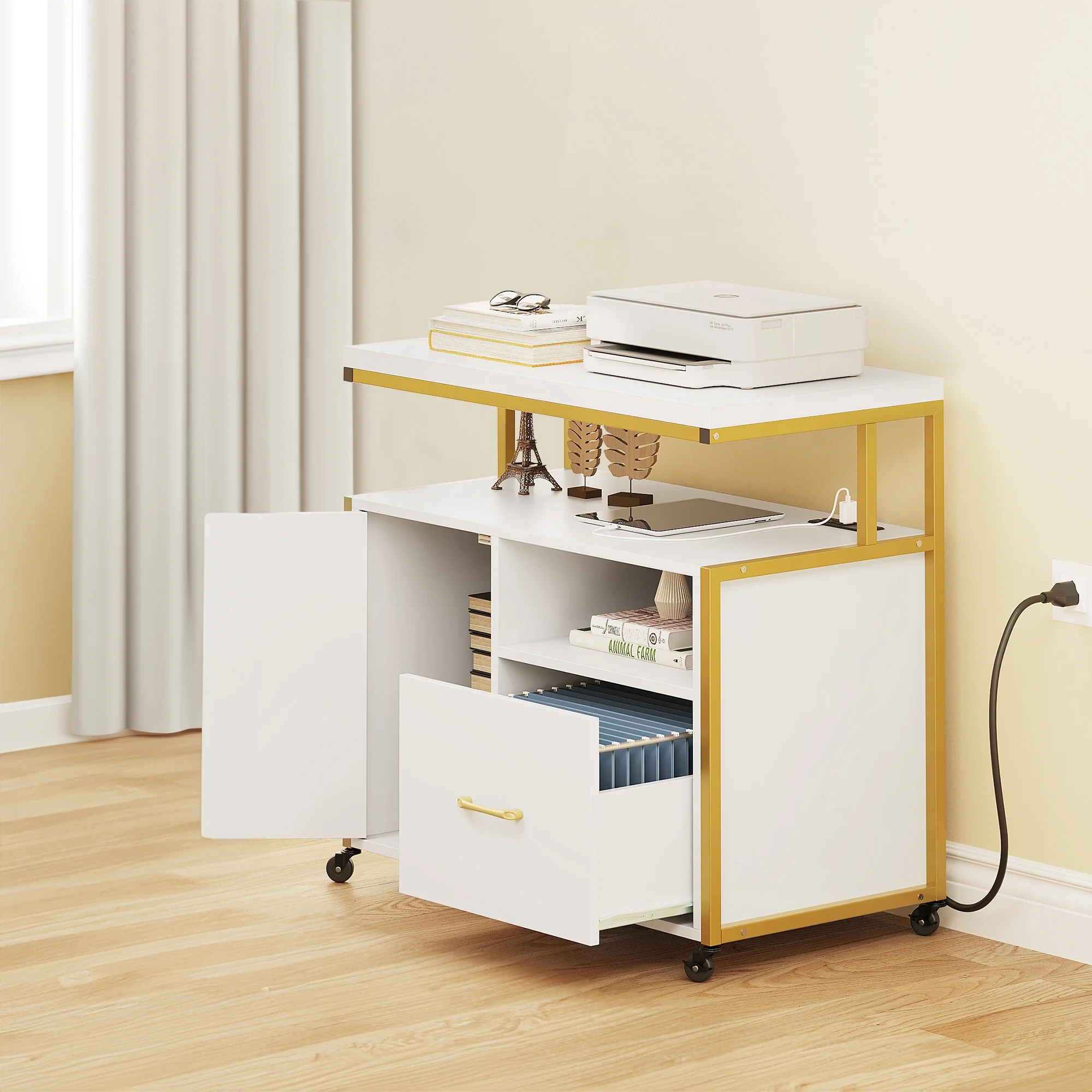 DWVO Wood File Cabinet with Charging Station, Rolling Lateral Filing Cart with Door & Printer Shelf for A4 Letter Size Files for Home Office, White