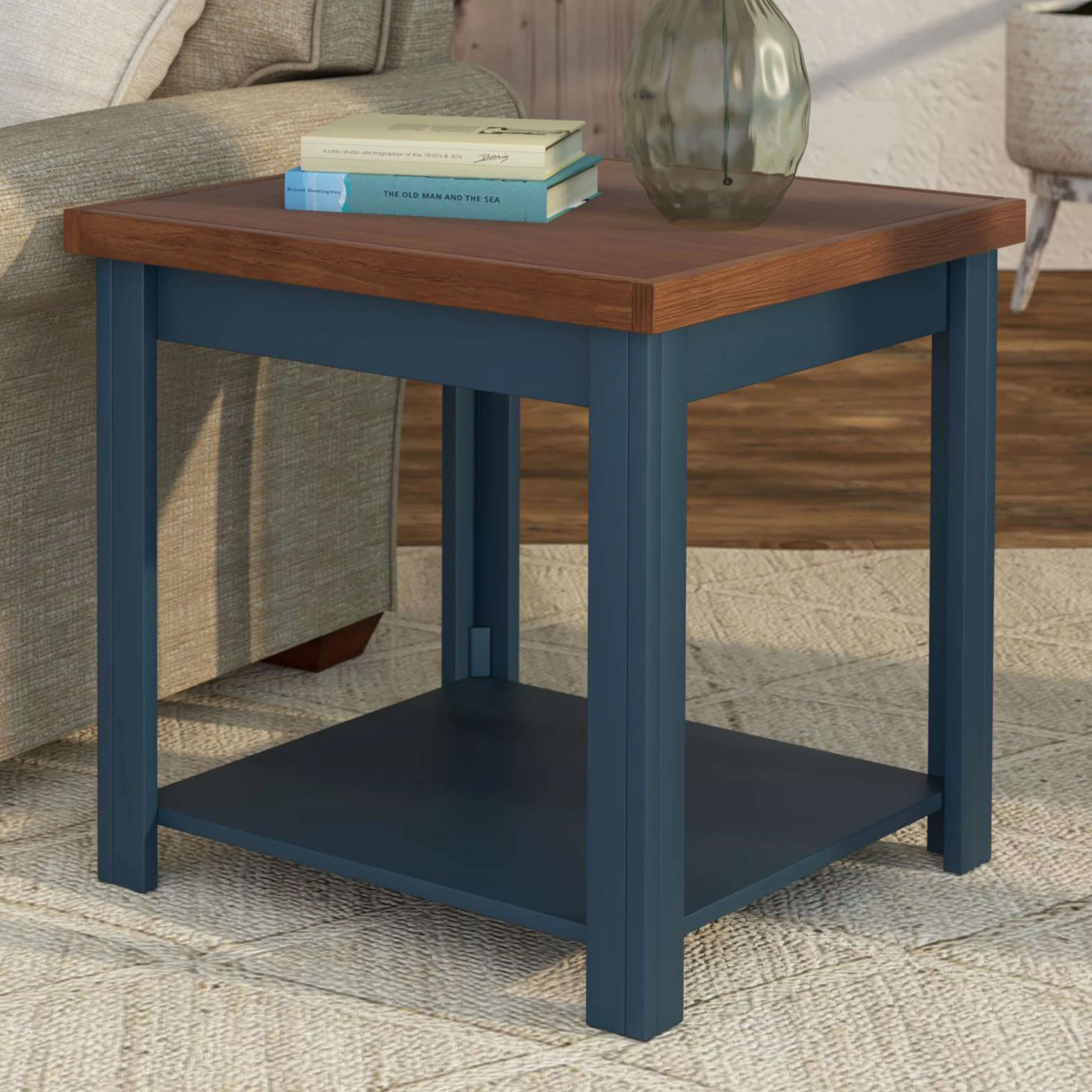 Bridgevine Home Nantucket 24 inch Side Table, No Assembly Required, Blue Denim and Whiskey Finish
