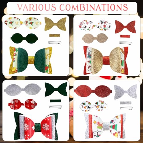 AOUXSEEM 24 Set Christmas Faux Leather Hair Bows DIY Making Kit with Pre Cut Pieces and Hair Clips, Make Fashionable Unique Hair Clips for Girls Women