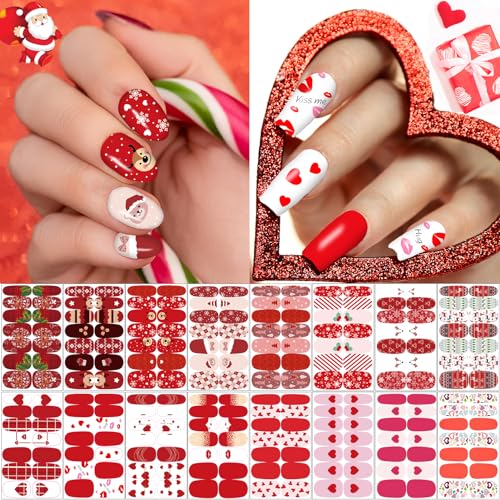 winthrop 16 Sheets Holiday Nail Wraps Stickers, Christmas Valentine's Day Seasonal Full Nail Polish Strips, DIY Self-Adhesive Winter Nail Art Decals with 2 Pcs Nail Files for Party Decor (224 Pieces)