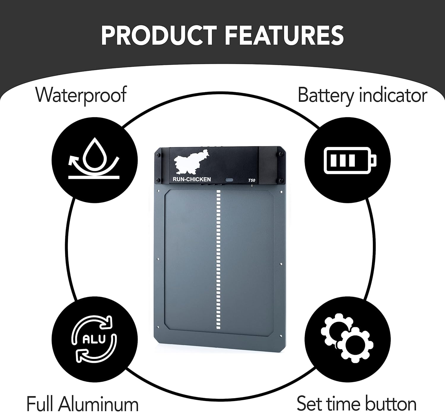 RUN-CHICKEN Door (Gray) Automatic Chicken Coop Door, Programmable with App, Battery Operated, Evening and Morning Delay, Aluminum Door, Electric Chicken Run Door, Model T50
