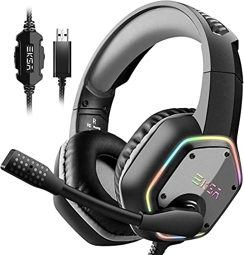 EKSA E1000 Gaming Headset, Computer Headphones with Noise Canceling Mic & RGB Light, 7.1 Surround Sound, Compatible with PC, PS4 PS5 Console, Laptop (Blue)