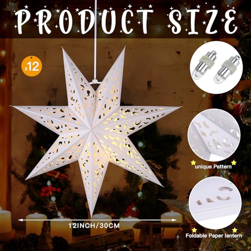 Retisee 12 Pcs 14in Paper Star Lantern with 7 Pointed LED Lights for Xmas, Wedding, Holiday, Birthday Party Celebration(White)