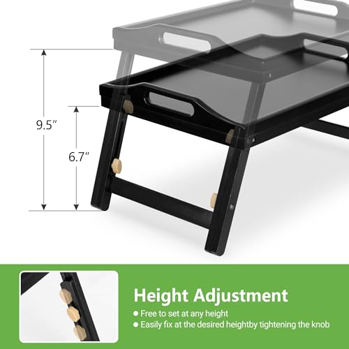 Large Breakfast Bed Tray for Eating - Height Adjustable Raised Food Table - Bamboo Serving Tray on Lap Sofa - Portable Snack Platter with Folding Legs Ideal for Bedroom Picnic - Natural